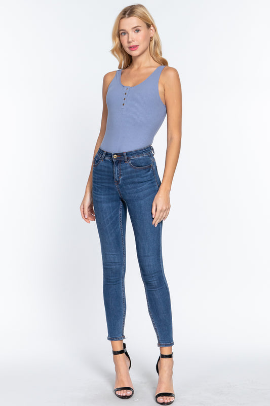 Slvless Henley Rib Knit Bodysuit